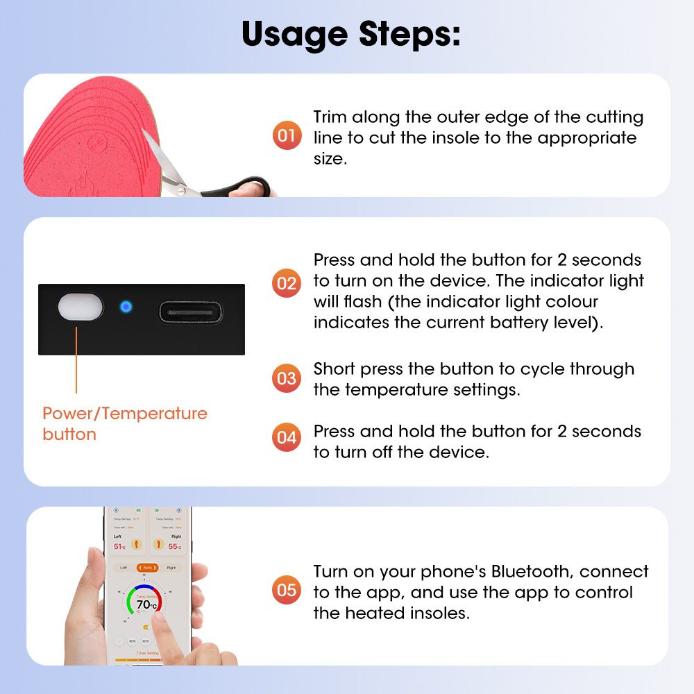 Rechargeable Heated Insoles with Bluetooth APP Control – 3 Heat Settings (40–60°C), Trim-to-Fit, 3000mAh Battery | NEW ARRIVAL(NO: S)