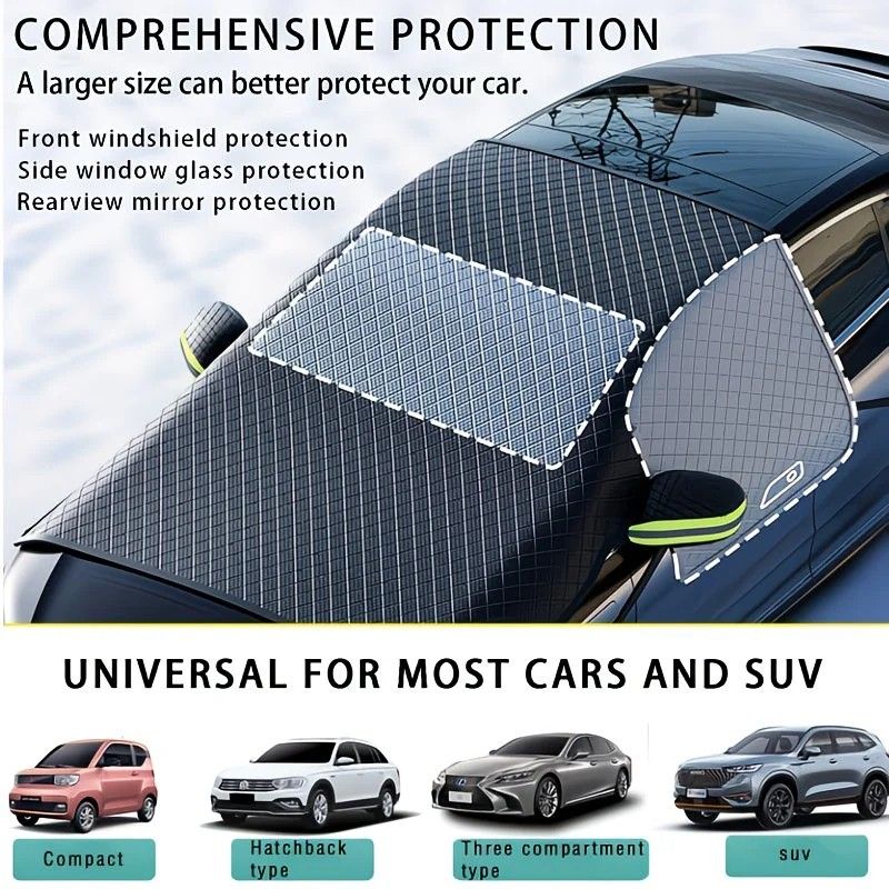 Four-Season Protection, Oxford Cloth Snow & Windshield Cover, Extra-Large Size, Sturdy and Frost-Resistant / 6-Magnet Oxford Cloth Front Shield + Side Window Cover + Windproof Straps + Green ive Strip