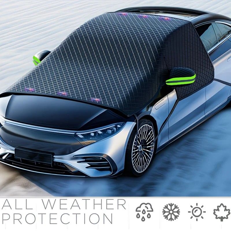 Four-Season Protection, Oxford Cloth Snow & Windshield Cover, Extra-Large Size, Sturdy and Frost-Resistant / 6-Magnet Oxford Cloth Front Shield + Side Window Cover + Windproof Straps + Green ive Strip
