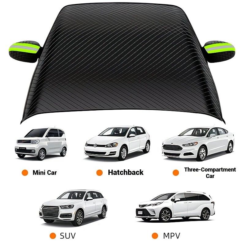 Four-Season Protection, Oxford Cloth Snow & Windshield Cover, Extra-Large Size, Sturdy and Frost-Resistant / 6-Magnet Oxford Cloth Front Shield + Side Window Cover + Windproof Straps + Green ive Strip