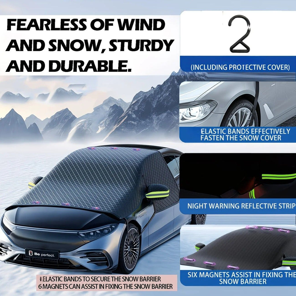Multi-Vehicle Compatible, Four-Season Protection, Oxford Cloth Snow & Windshield Cover, Extra-Large Size, Sturdy and Frost-Resistant / 6-Magnet Front Shield + Side Window Cover + Windproof Straps + Upgraded Orange Edge Trim, 4 Straps