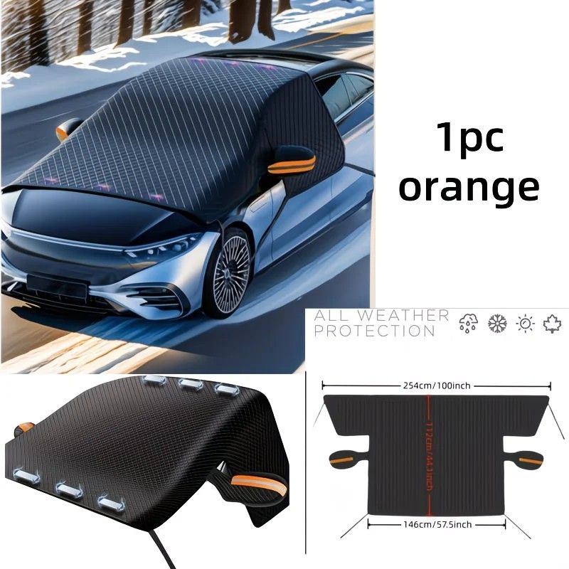 Multi-Vehicle Compatible, Four-Season Protection, Oxford Cloth Snow & Windshield Cover, Extra-Large Size, Sturdy and Frost-Resistant / 6-Magnet Front Shield + Side Window Cover + Windproof Straps + Upgraded Orange Edge Trim, 4 Straps