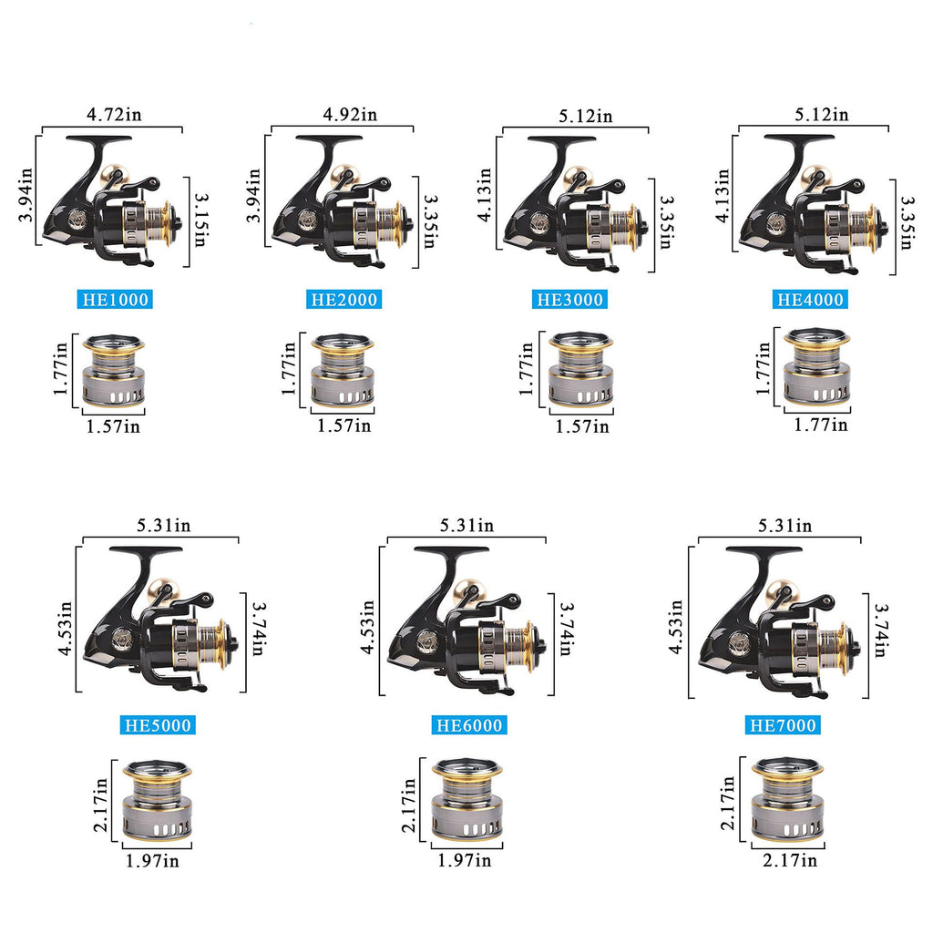 Spinning Reel Fishing Reel, Metal Spool, Metal Handle, 5.2:1 Gear Ratio, 10KG Drag, Smooth and Sensitive Line Output, Left/Right Hand Interchangeable, Rotating Fishing Reel, Suitable for Freshwater and Saltwater(HE2000)