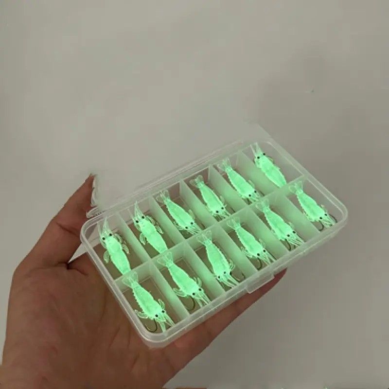 Glow-in-the-Dark Shrimp Lure 20-Piece Box Set | Night Fishing Essential, Soft Plastic Lure with Hooks, Suitable for Freshwater and Saltwater, Ideal for Bass/Trout/Crappie/Walleye/Redfish