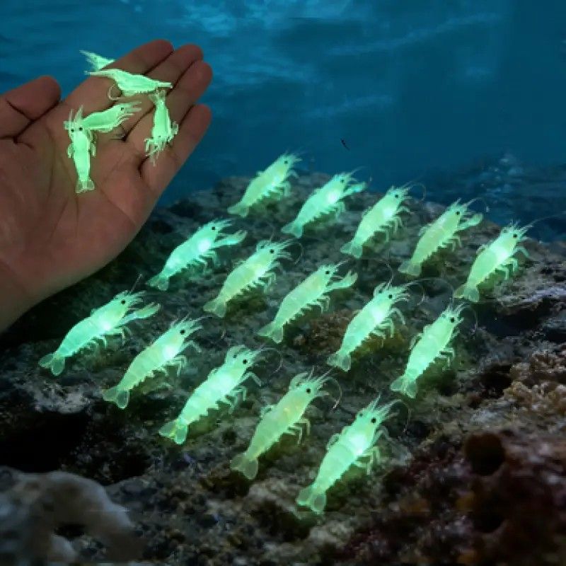 Glow-in-the-Dark Shrimp Lure 20-Piece Box Set | Night Fishing Essential, Soft Plastic Lure with Hooks, Suitable for Freshwater and Saltwater, Ideal for Bass/Trout/Crappie/Walleye/Redfish