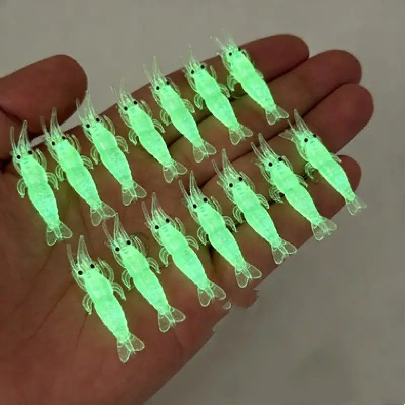 Glow-in-the-Dark Shrimp Lure 20-Piece Box Set | Night Fishing Essential, Soft Plastic Lure with Hooks, Suitable for Freshwater and Saltwater, Ideal for Bass/Trout/Crappie/Walleye/Redfish