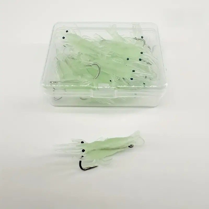 Glow-in-the-Dark Shrimp Lure 20-Piece Box Set | Night Fishing Essential, Soft Plastic Lure with Hooks, Suitable for Freshwater and Saltwater, Ideal for Bass/Trout/Crappie/Walleye/Redfish