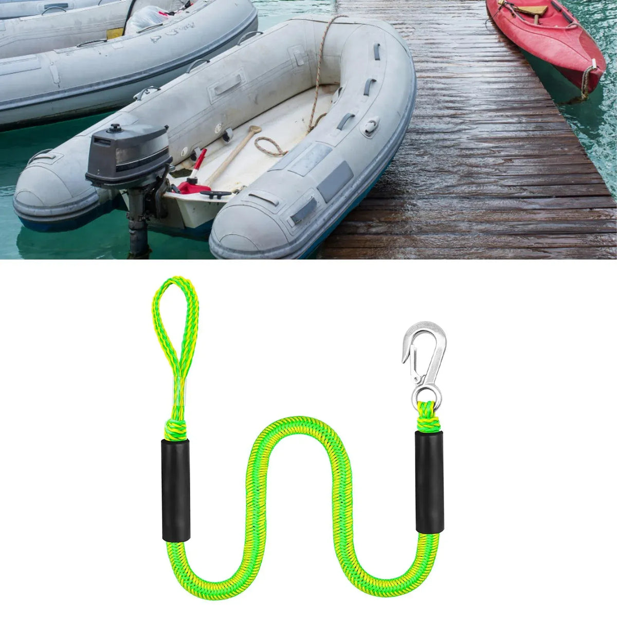 Green Bungee Dock Line Mooring Rope With Stainless Steel Clip for Boats Kayaks Watercraft and Pontoon