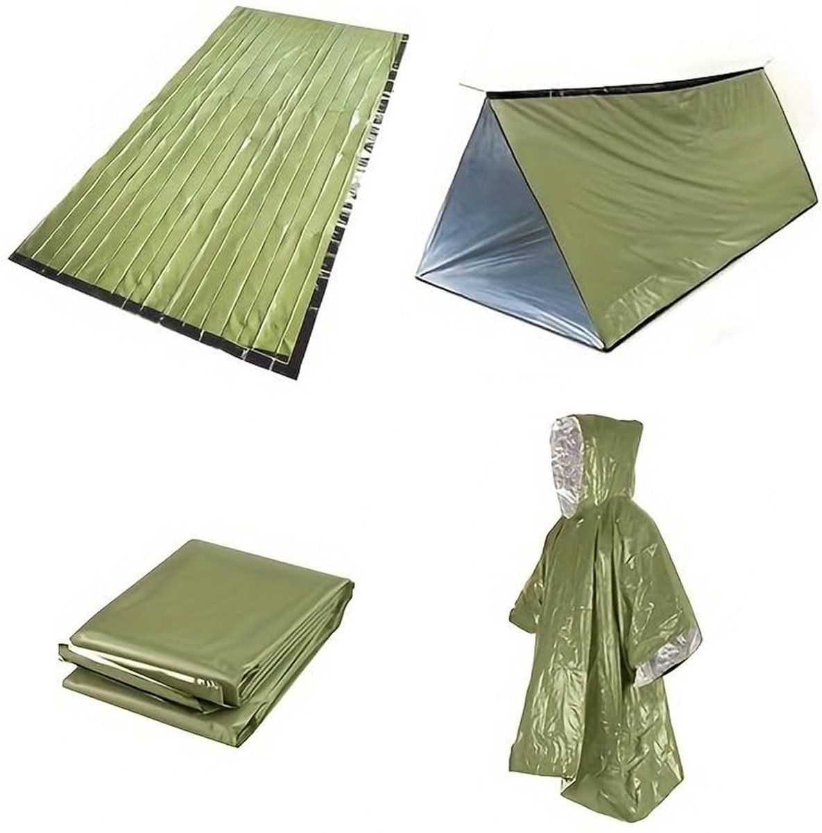 Emergency Shelter Kit with Survival Tent Mylar Blanket Sleeping Bag and Poncho for Camping and Hiking, Green