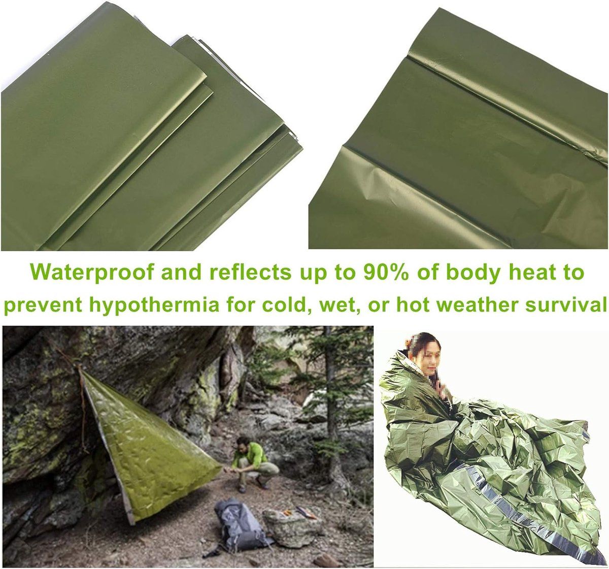 Emergency Shelter Kit with Survival Tent Mylar Blanket Sleeping Bag and Poncho for Camping and Hiking, Green