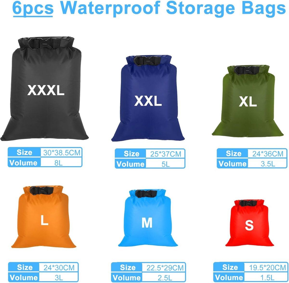 6 Pack Waterproof Dry Bags for Kayaking Fishing and Camping, 1.5 L to 8 L