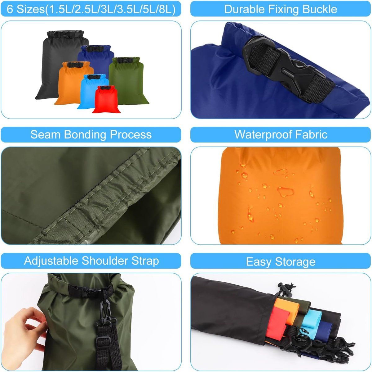 6 Pack Waterproof Dry Bags for Kayaking Fishing and Camping, 1.5 L to 8 L