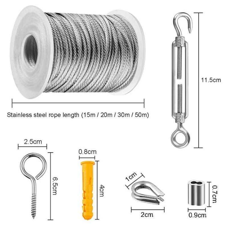 Stainless Steel Rope Hanging Kit, Nylon Coated Stainless Steel Cable, PVC Steel Cable Tensioner, for Tent Rope, Clothesline, Outdoor Chandelier, 30m