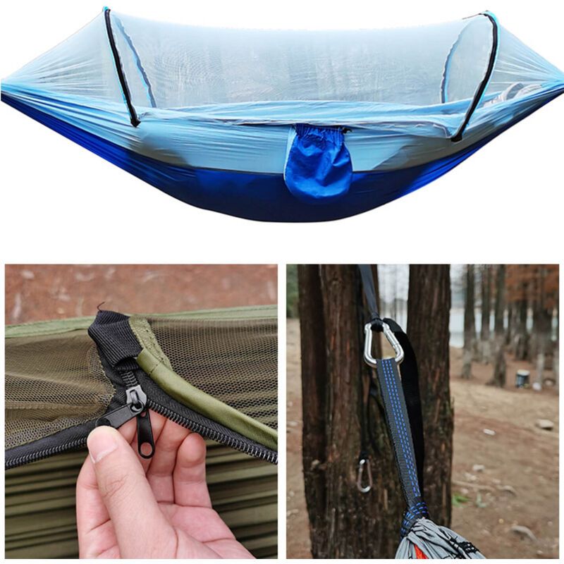 Camping Hammock with 210T Nylon Taffeta Net, Automatic Quick Open Hammock Tent for Outdoor, Light Blue, 260 x 140 cm