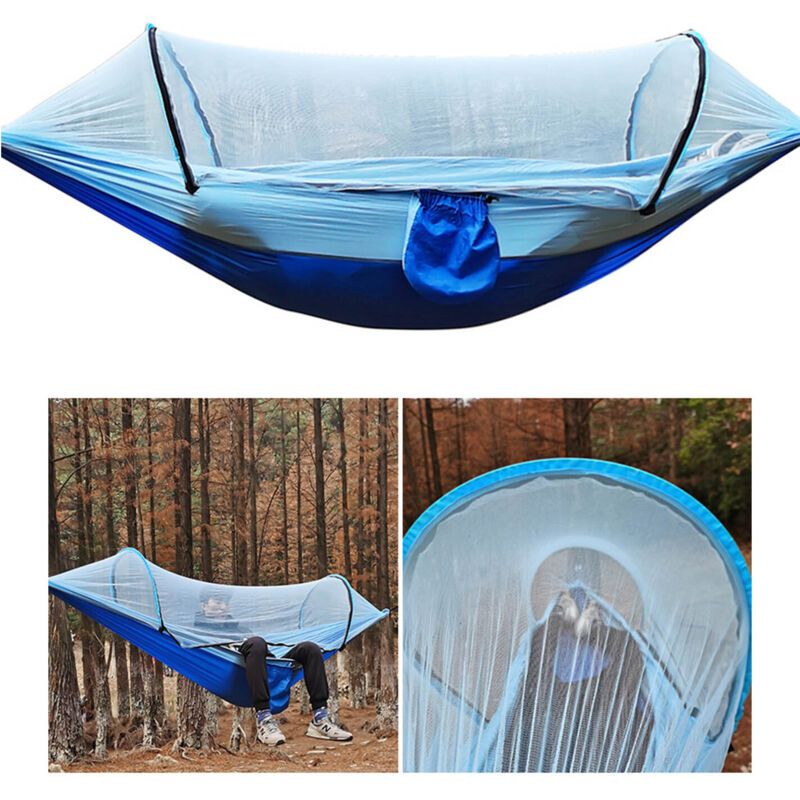 Camping Hammock with 210T Nylon Taffeta Net, Automatic Quick Open Hammock Tent for Outdoor, Light Blue, 260 x 140 cm