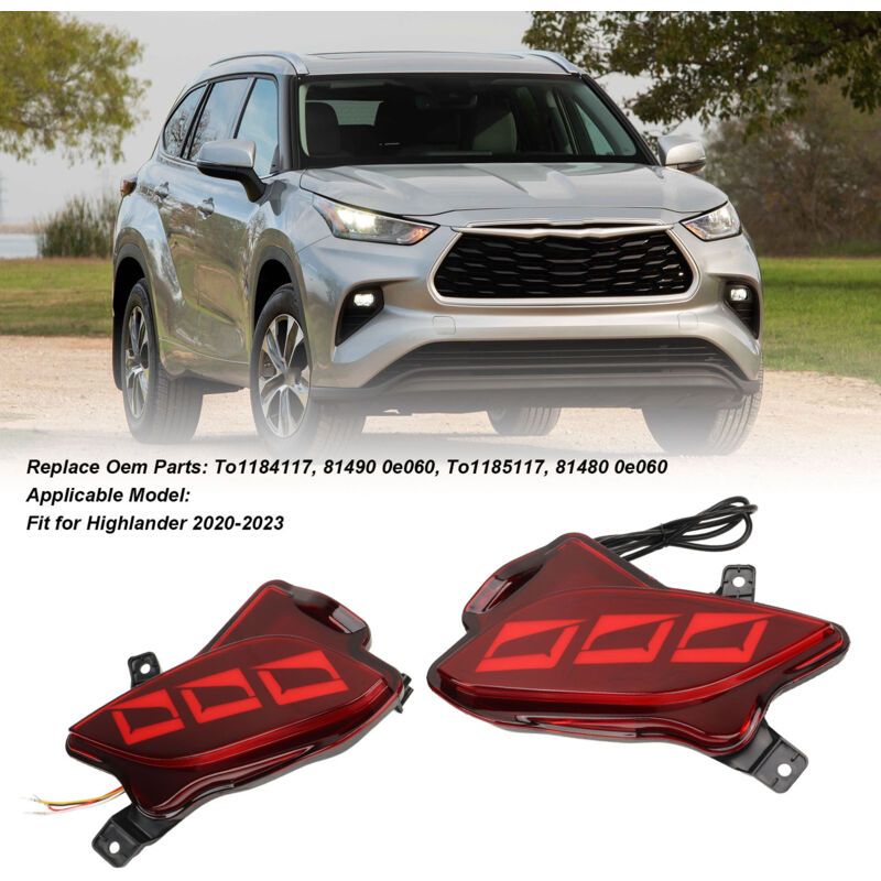 Red Rear Bumper Reflector Light, Brake Light, Position Light and Sequential Turn Signal Compatible with Highlander 2020 to 2023
