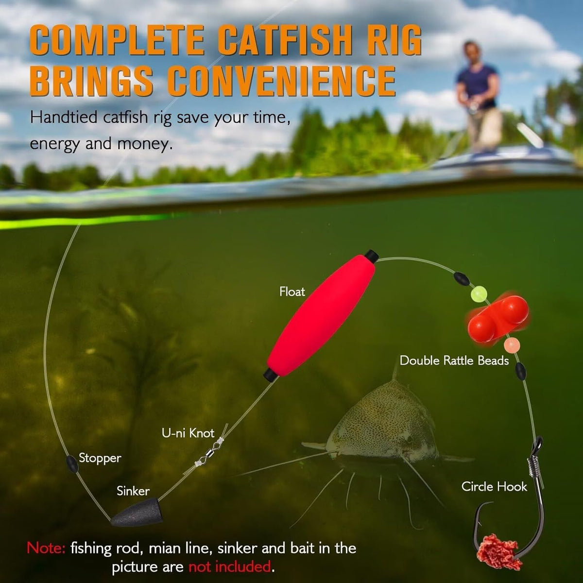 Pre-Tied Catfish Rig System, 23 Inch 55LB Santee Cooper Catfish Float Rig with Adjustable EVA Slip Float and High Carbon Circle Hooks 5/0 6/0 8/0, Ready-to-Fish for River and Bank Fishing( Cigar Float-5/0Hook * 3PCS)