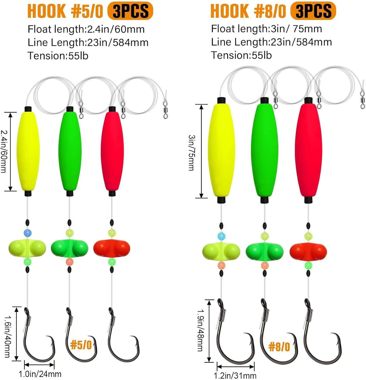 Pre-Tied Catfish Rig System, 23 Inch 55LB Santee Cooper Catfish Float Rig with Adjustable EVA Slip Float and High Carbon Circle Hooks 5/0 6/0 8/0, Ready-to-Fish for River and Bank Fishing( Cigar Float-5/0Hook * 3PCS)