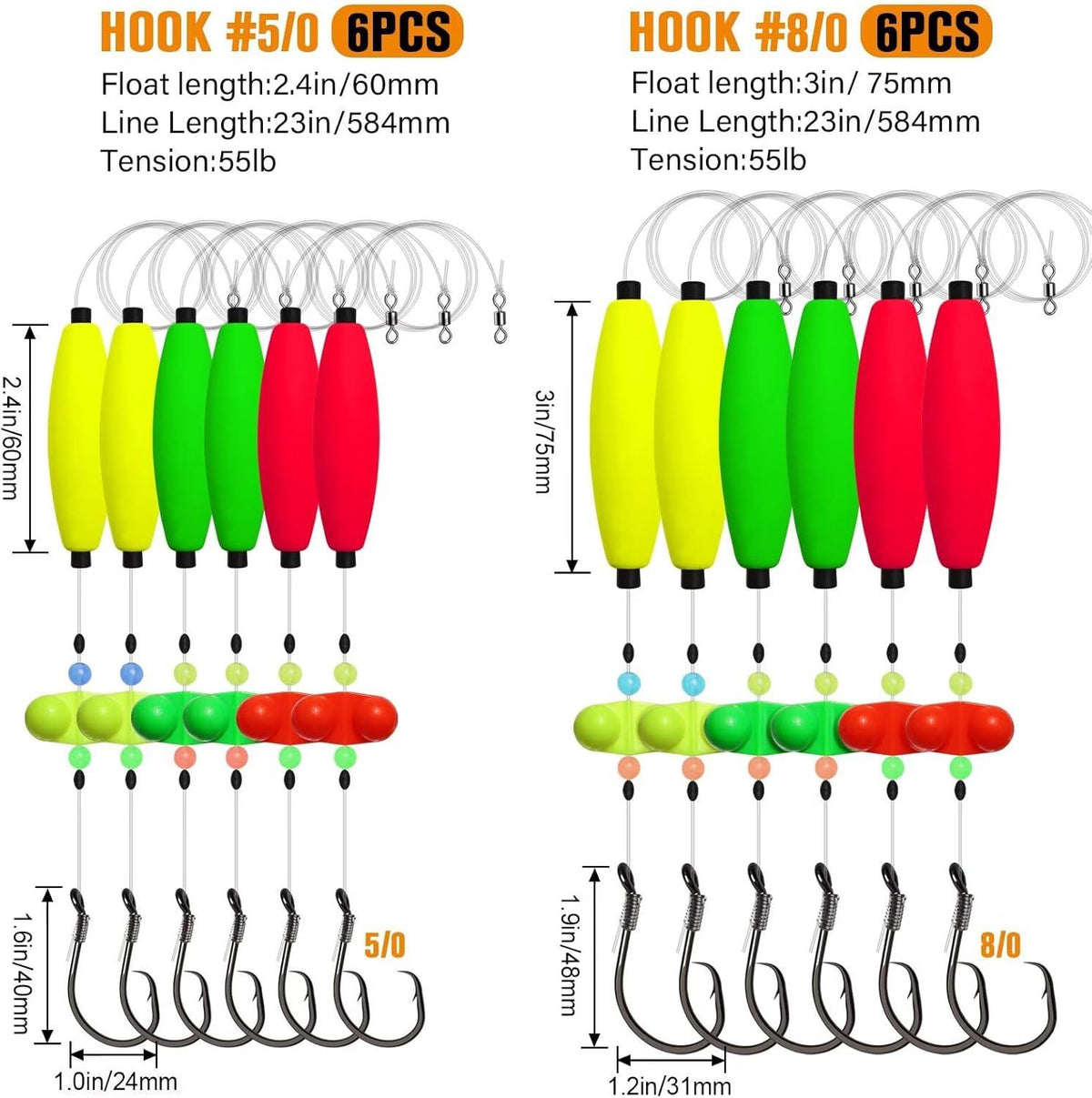 Pre-Tied Catfish Rig System, 23 Inch 55LB Santee Cooper Catfish Float Rig with Adjustable EVA Slip Float and High Carbon Circle Hooks 5/0 6/0 8/0, Ready-to-Fish for River and Bank Fishing(Cigar Float-5/0Hook * 6PCS)