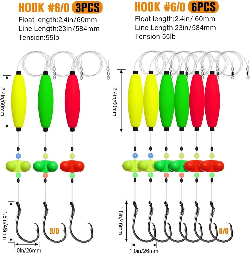 Pre-Tied Catfish Rig System, 23 Inch 55LB Santee Cooper Catfish Float Rig with Adjustable EVA Slip Float and High Carbon Circle Hooks 5/0 6/0 8/0, Ready-to-Fish for River and Bank Fishing(Cigar Float-6/0Hook * 3PCS)