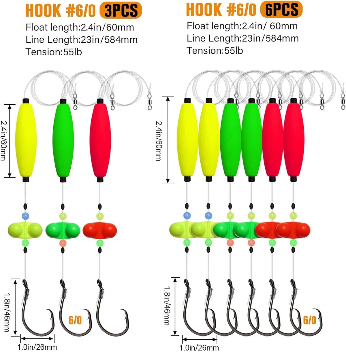 Pre-Tied Catfish Rig System, 23 Inch 55LB Santee Cooper Catfish Float Rig with Adjustable EVA Slip Float and High Carbon Circle Hooks 5/0 6/0 8/0, Ready-to-Fish for River and Bank Fishing(Cigar Float-6/0Hook * 3PCS)