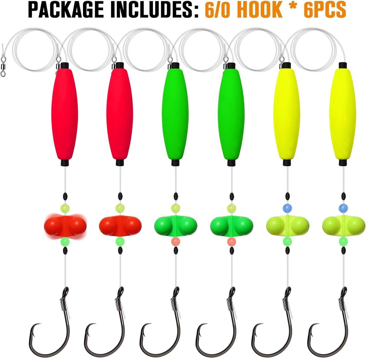 Pre-Tied Catfish Rig System, 23 Inch 55LB Santee Cooper Catfish Float Rig with Adjustable EVA Slip Float and High Carbon Circle Hooks 5/0 6/0 8/0, Ready-to-Fish for River and Bank Fishing(Cigar Float-6/0Hook * 6PCS)