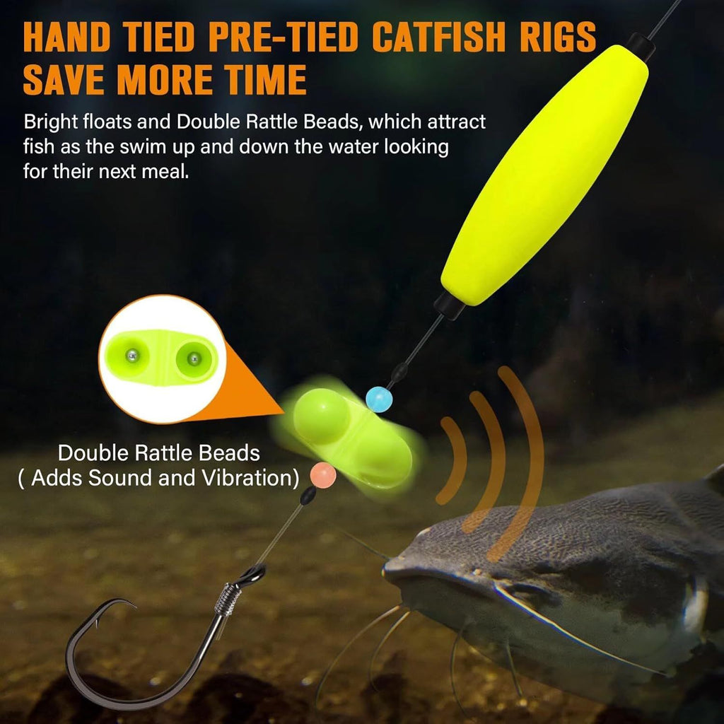 Pre-Tied Catfish Rig System, 23 Inch 55LB Santee Cooper Catfish Float Rig with Adjustable EVA Slip Float and High Carbon Circle Hooks 5/0 6/0 8/0, Ready-to-Fish for River and Bank Fishing(Cigar Float-6/0Hook * 6PCS)