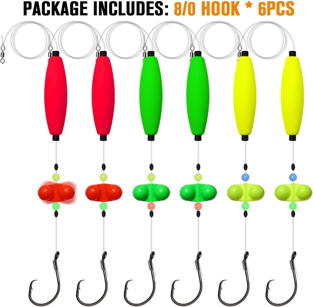Pre-Tied Catfish Rig System, 23 Inch 55LB Santee Cooper Catfish Float Rig with Adjustable EVA Slip Float and High Carbon Circle Hooks 5/0 6/0 8/0, Ready-to-Fish for River and Bank Fishing(Cigar Float-8/0Hook * 6PCS)