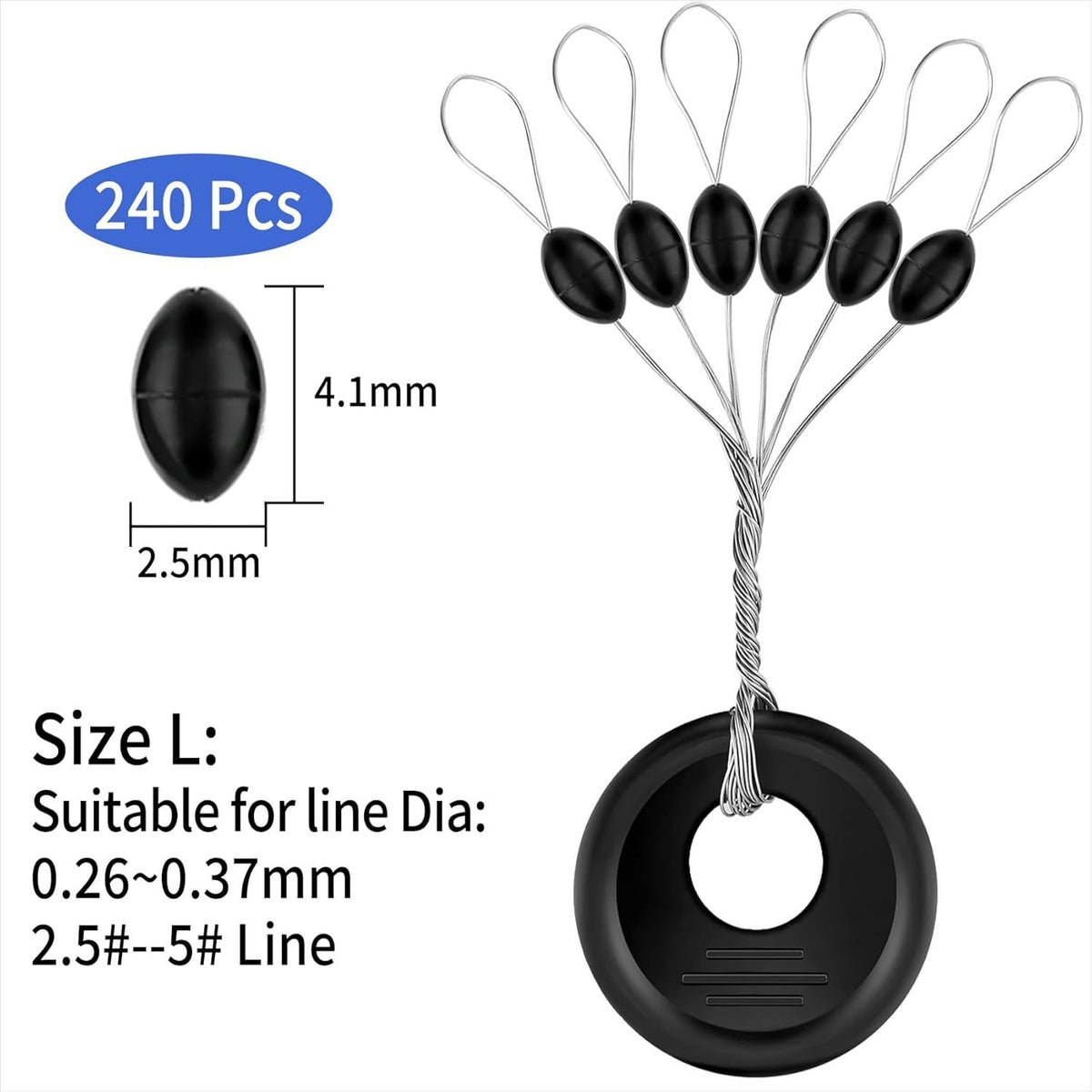 240 Pieces Middle-Sized Fishing Rubber Bobber Beads Stoppers 6 in 1 Black Float Sinker Stops