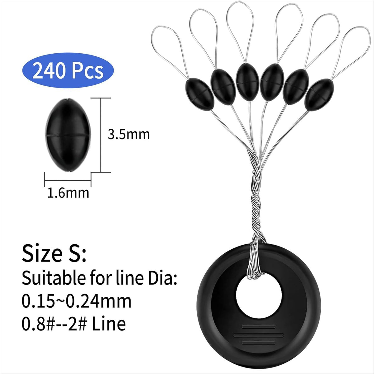 240 Pieces Middle-Sized Fishing Rubber Bobber Beads Stoppers 6 in 1 Black Float Sinker Stops(S)