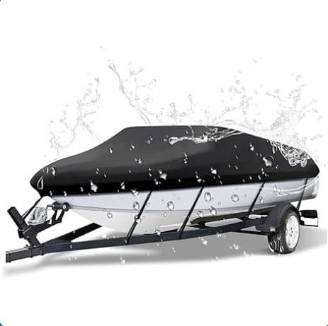 600D Oxford Cloth Boat Cover, Waterproof UV Protection Dustproof Marine Cover for V-Hull Speedboat Motor Yacht, Adjustable Strap & Elastic Hem Design for Outdoor Storage & Trailer Transport