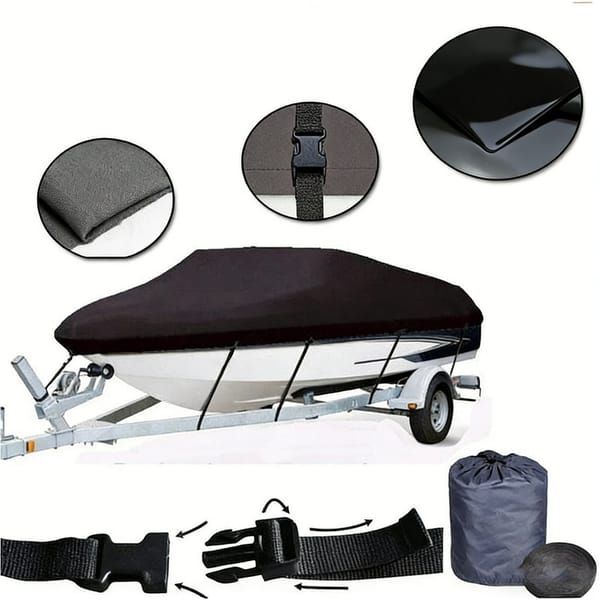 600D Oxford Cloth Boat Cover, Waterproof UV Protection Dustproof Marine Cover for V-Hull Speedboat Motor Yacht, Adjustable Strap & Elastic Hem Design for Outdoor Storage & Trailer Transport