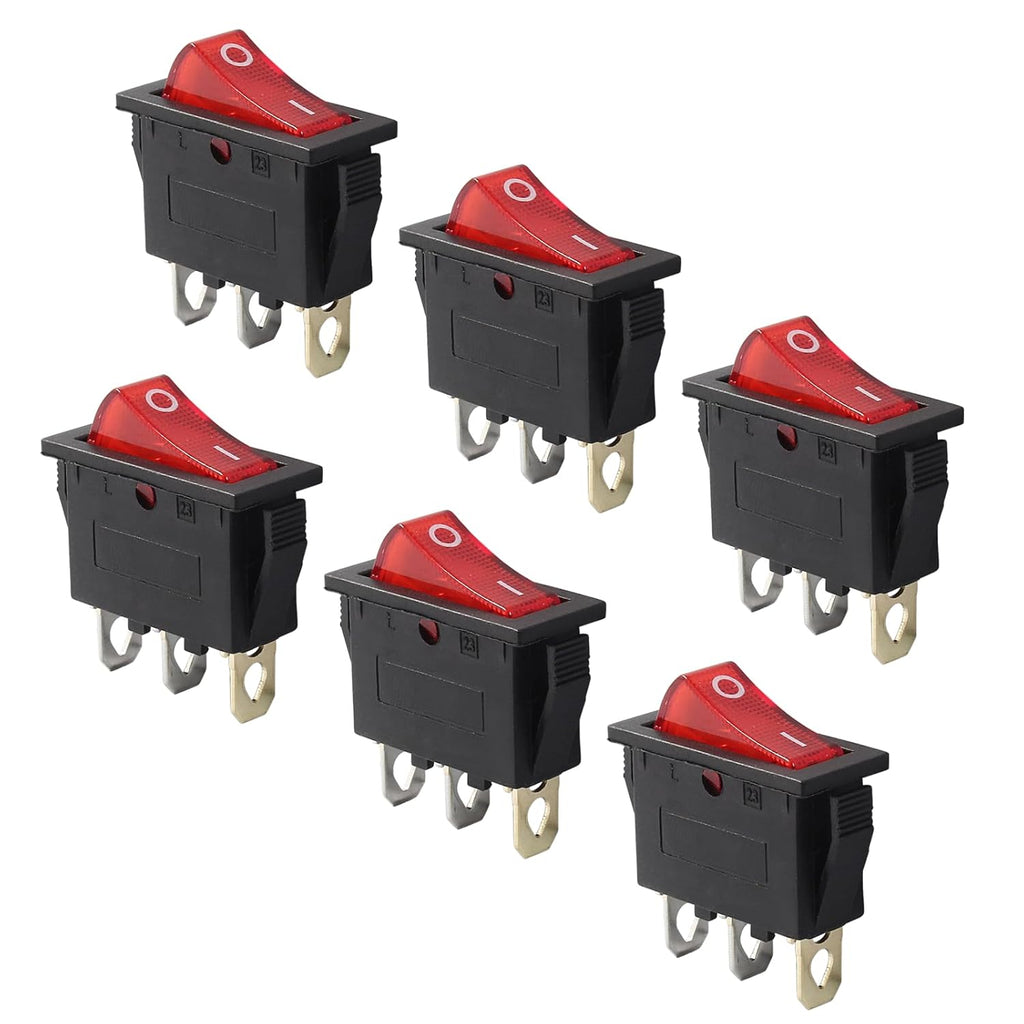6 Pcs 2 Position 3 Pin SPST Boat Rocker On/Off Switch, AC 120V/10A 250V/16A Illuminated LED Boat Toggle Switch for Electrical Appliance (Red Light)
