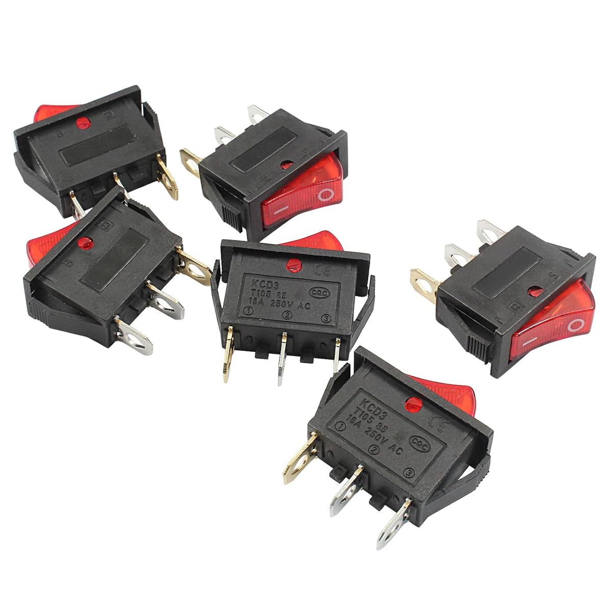 6 Pcs 2 Position 3 Pin SPST Boat Rocker On/Off Switch, AC 120V/10A 250V/16A Illuminated LED Boat Toggle Switch for Electrical Appliance (Red Light)