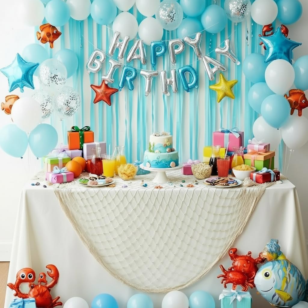 Fish Net Decorations for Party - 2PCS 39.37 * 78.74 in Fishing Net Decoration Netting for Wall Photo Hanging Nautical Fishnet Table Runner Decorative Ocean Theme Birthday Party Rope Nets