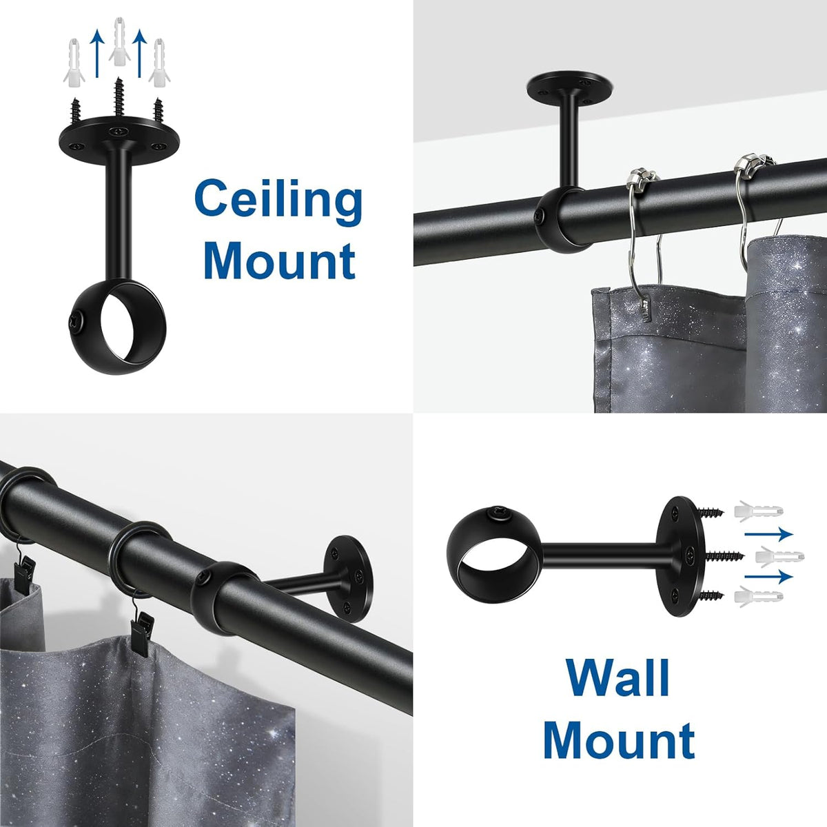 Curtain Rod Brackets, Ceiling Heavy Duty Holders, Black 4 Pack Hooks Hangers for 1 1/4-Inch Drape Poles