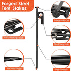 8 Pack 8in Heavy Duty Forged Steel Tent Stakes and Hammer Set, with Storage Pouch, Available in Rocky Place