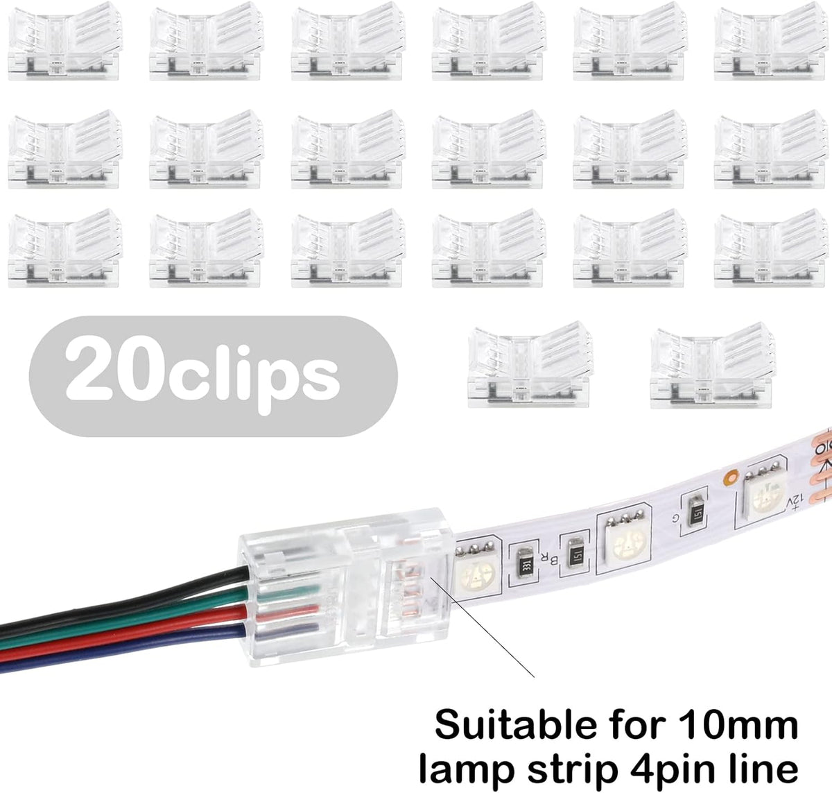20 Pcs 4 Pin 10 mm LED Strip Connector RGB Lights Waterproof Adapter 22 AWG Wires Connector for Strip Light Unwired Gapless Track 5v 12v 24v