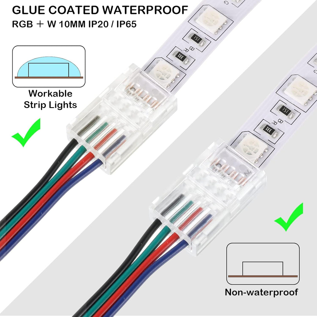 20 Pcs 4 Pin 10 mm LED Strip Connector RGB Lights Waterproof Adapter 22 AWG Wires Connector for Strip Light Unwired Gapless Track 5v 12v 24v
