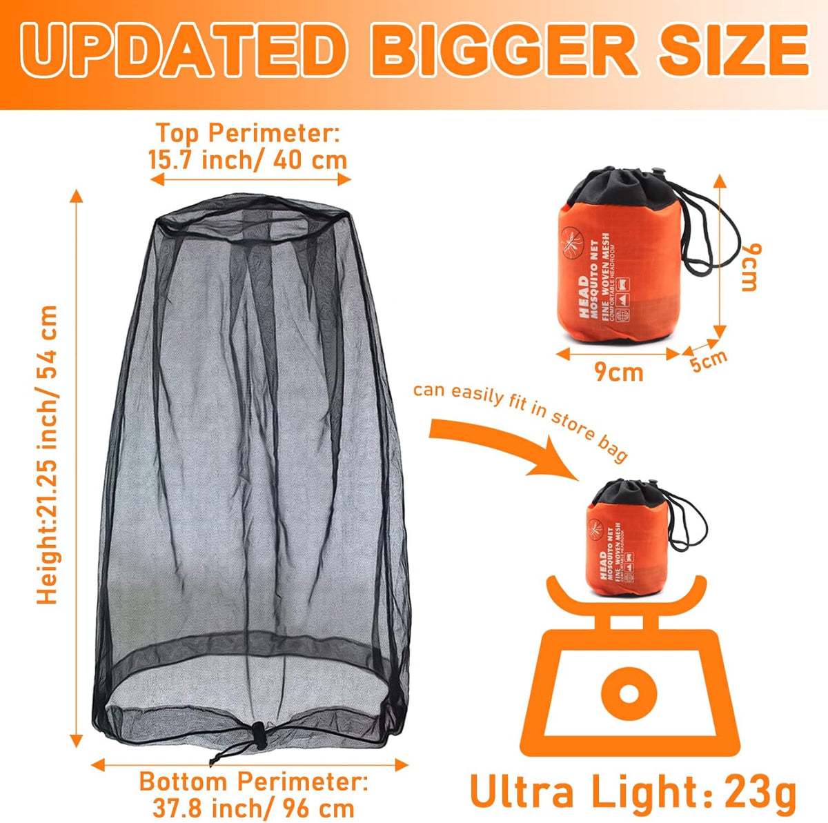 Mosquito Head Net Mesh, Face Neck Fly Netting Hood from Bugs Gnats Noseeums Screen Net for Any Outdoor Lover- with Carry Bags Fits Most Sizes of Hats Caps (2pcs, Black, Updated Big Net)