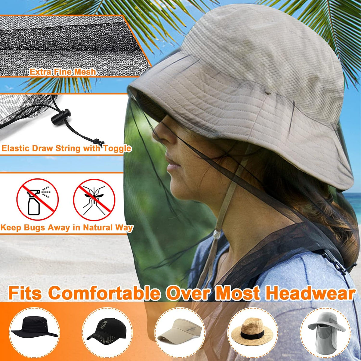 Mosquito Head Net Mesh, Face Neck Fly Netting Hood from Bugs Gnats Noseeums Screen Net for Any Outdoor Lover- with Carry Bags Fits Most Sizes of Hats Caps (2pcs, Black, Updated Big Net)
