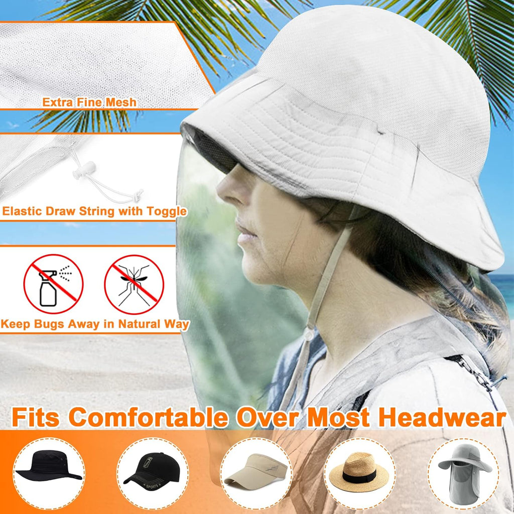 Mosquito Head Net, Face Neck Fly Netting Hood from Bugs Gnats Noseeums Screen for Any Outdoor Lover - with Carry Bags Fits Most Sizes of Hats Caps (2pcs, White, Updated Big Mesh)
