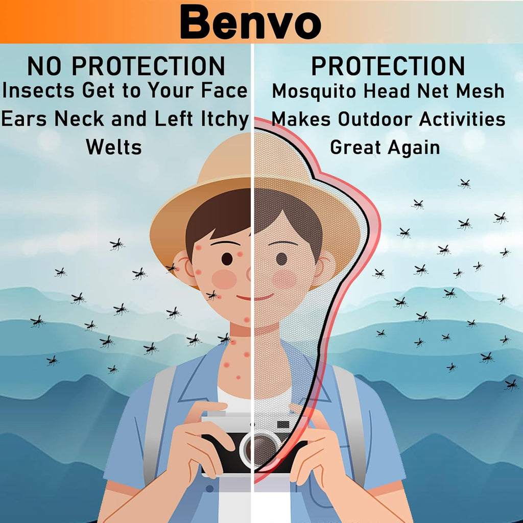 Mosquito Head Net, Face Neck Fly Netting Hood from Bugs Gnats Noseeums Screen for Any Outdoor Lover - with Carry Bags Fits Most Sizes of Hats Caps (2pcs, White, Updated Big Mesh)