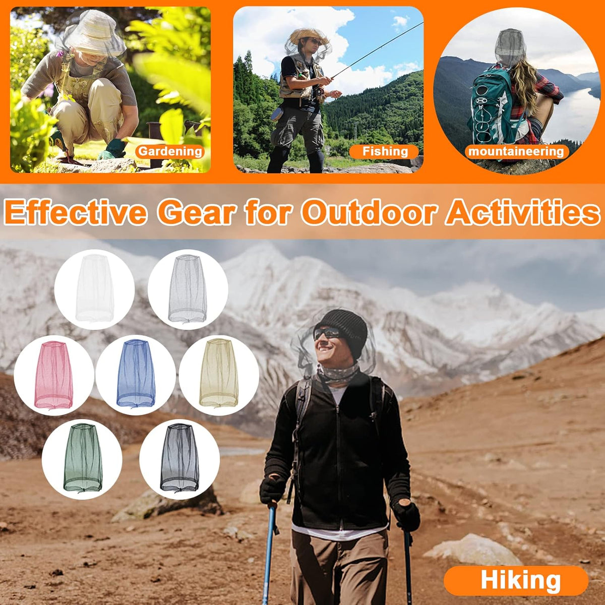 Mosquito Head Net, Face Neck Fly Netting Hood from Bugs Gnats Noseeums Screen for Any Outdoor Lover - with Carry Bags Fits Most Sizes of Hats Caps (2pcs, White, Updated Big Mesh)