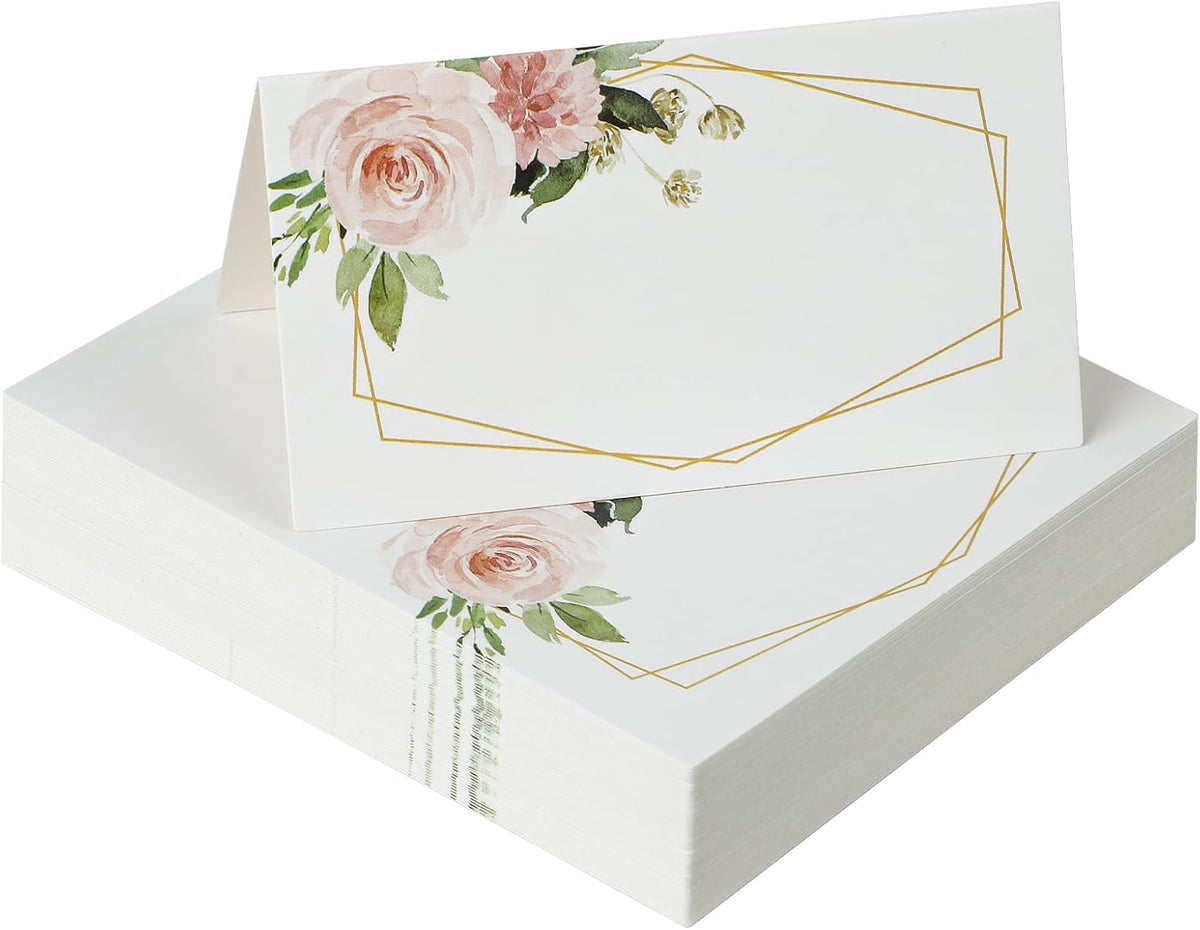 60 Pcs Paper Place Cards for Table Setting, 3.5" x 2" (Folded), Watercolor Rose Flower Seating Cards, Floral Table Tent Name Cards for Table Setting, Food Labels for Wedding Banquet Buffet