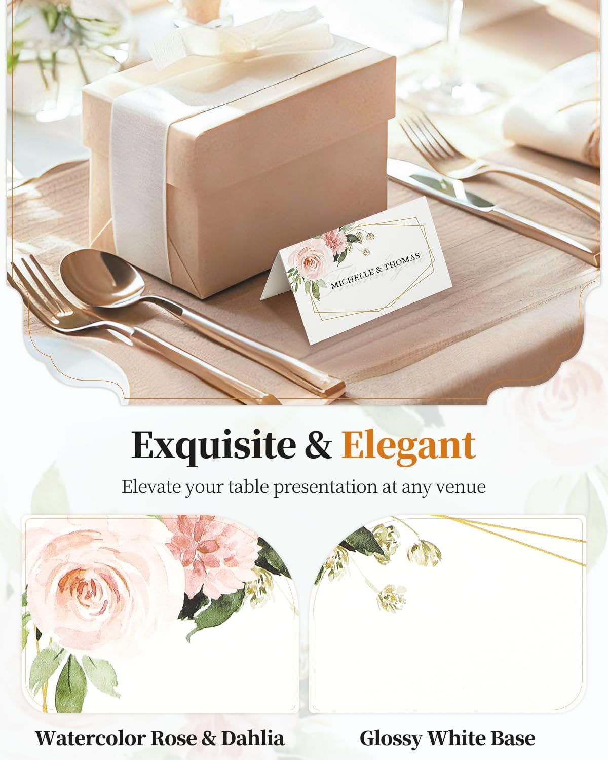 60 Pcs Paper Place Cards for Table Setting, 3.5" x 2" (Folded), Watercolor Rose Flower Seating Cards, Floral Table Tent Name Cards for Table Setting, Food Labels for Wedding Banquet Buffet
