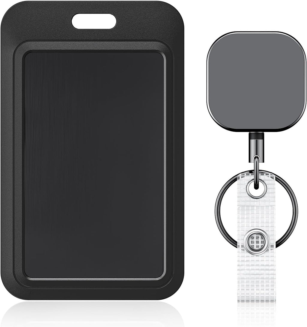 3 Pack Sliding ID Badge Holder Hard Black Vertical Plastic Card Case and 2 Pack Metal Retractable Keychain Heavy Duty Metal Retractable Badge Reel