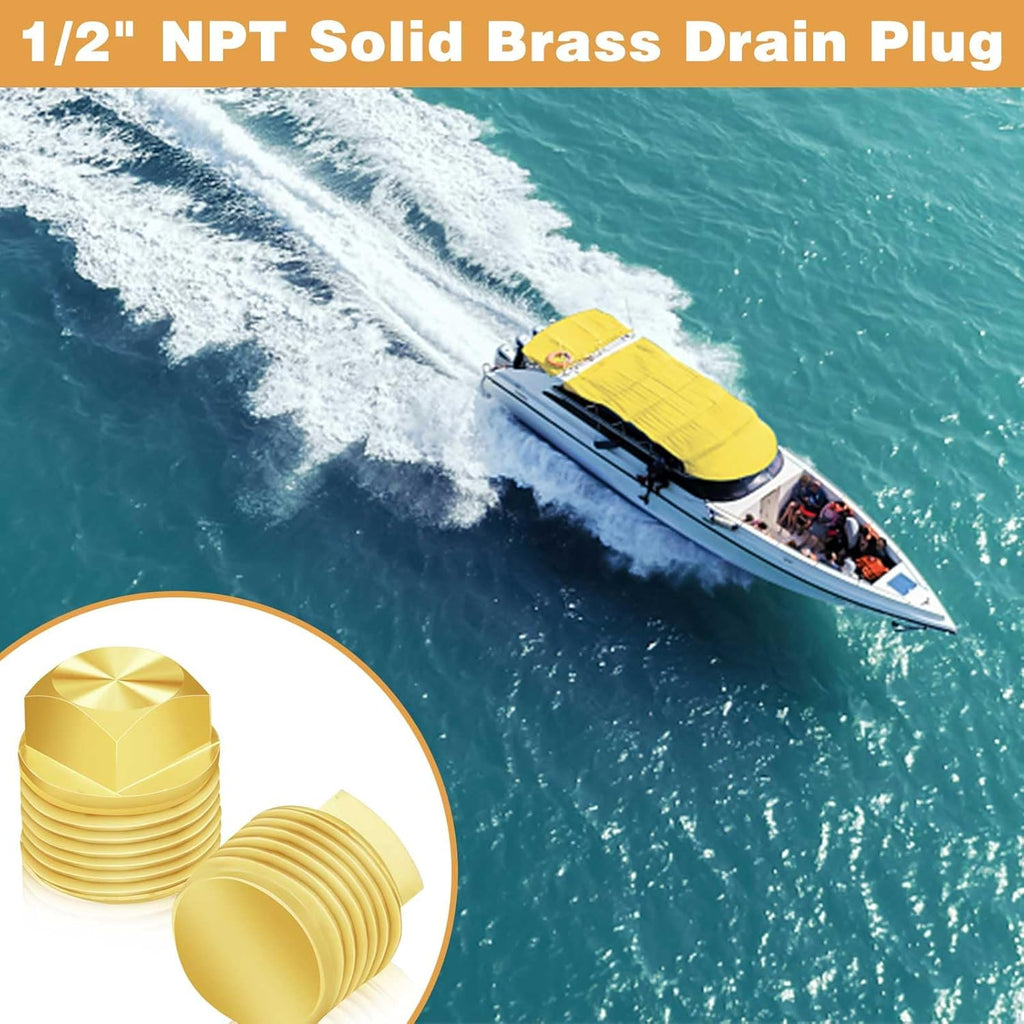 2 Pcs Boat Drain Plug, Solid Brass Boat Plug 1/2 Inch NPT Boat Plugs Hull Spare Garboard Drain Plug Compatible with Glastron Bayliner Sea Ray Four Winns Starcraft Boat Parts, Suitable for Most Hulls