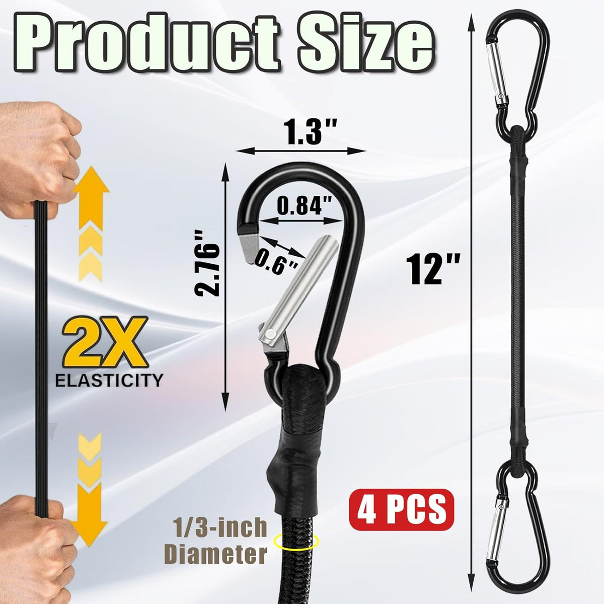 4 Pack Bungee Cords with Carabiner Outdoor Climbing Bounce Rope Elastic Tie Down Straps with Hooks Mini Short Bungee Straps Dual-Hook Design for Tents Cargo Kayak Boat Luggage (Black-12)