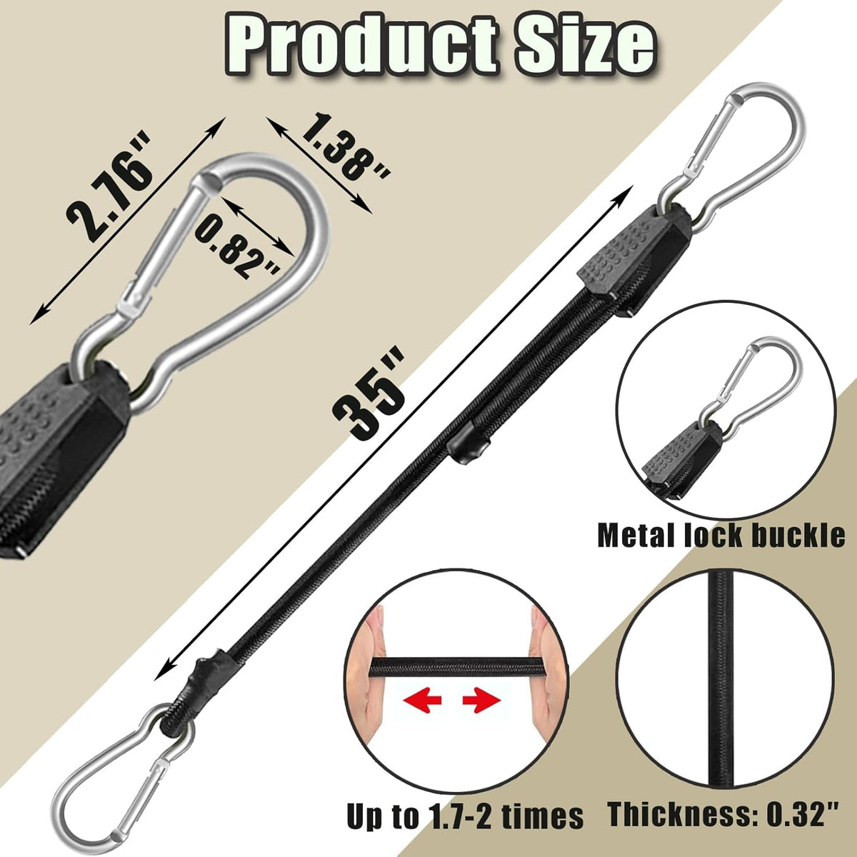 4 Pack 40 Inch Adjustable Carabiner Bungee Cords with Hooks Easy to Adjust from 35" to 60" Black Extra Strong Elastic Rope Outdoor Heavy Duty Bungee Straps for Camping Tarps Bike Rack Tent